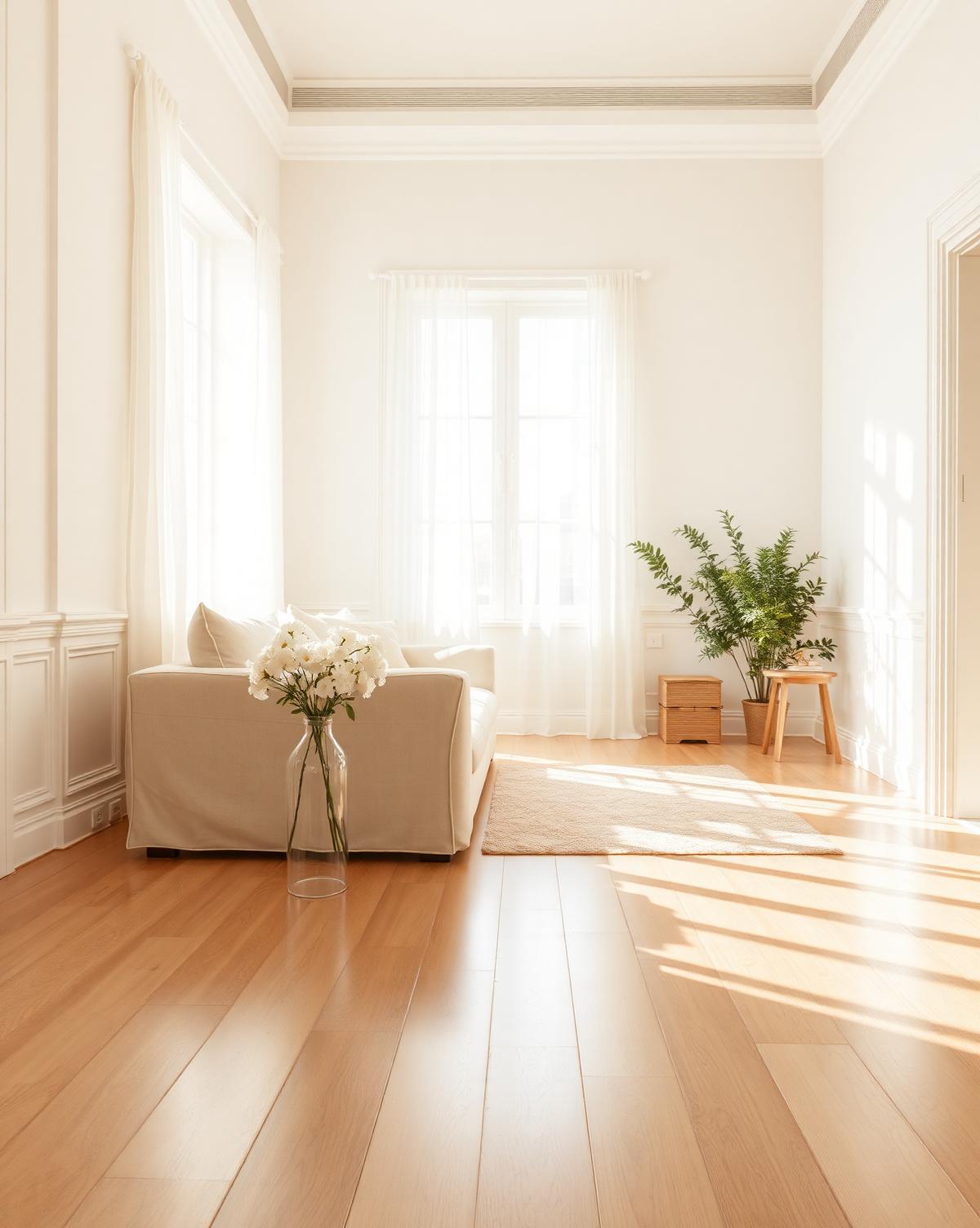 Sun-drenched, freshly cleaned living room with polished hardwood floors